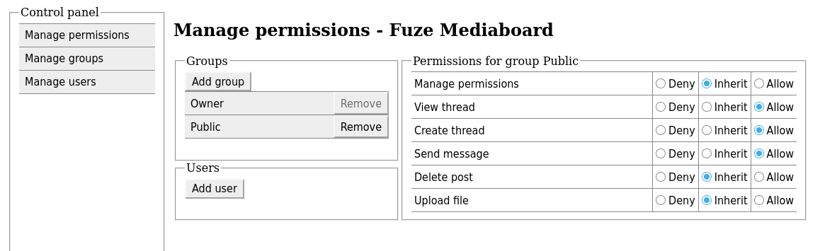 Public permissions set in the Manage Server page