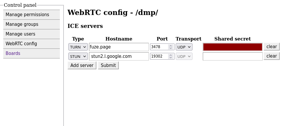 ICE servers config table